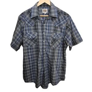 ELY Cattleman Mens Plaid Short Sleeve Pearl Snap Western Shirt Size L Vintage‎